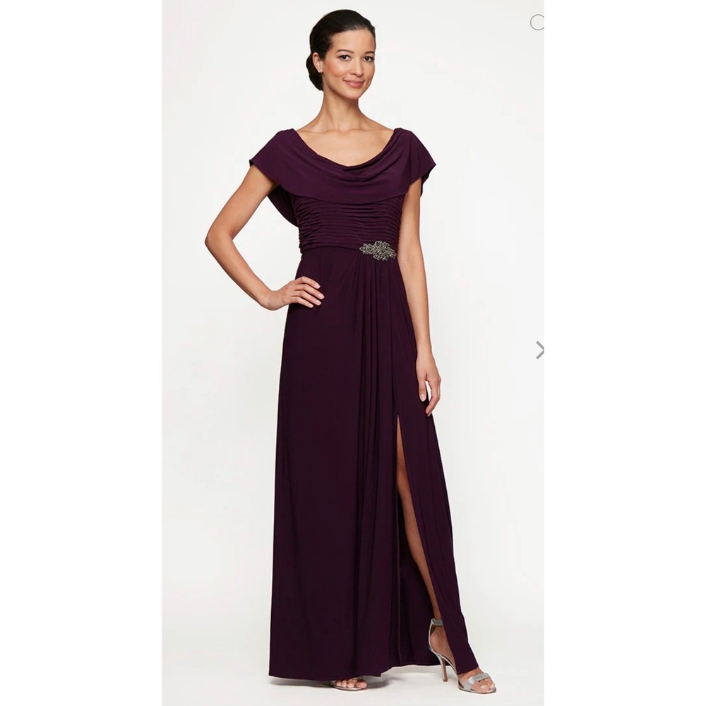 NWT Alex Evenings Celeste Eggplant Purple Matte Cowl Neck Gown Size 6 $199